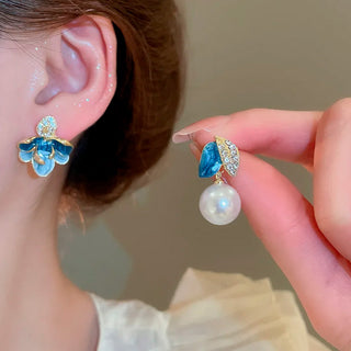 Aretes Flor y Perla Blue