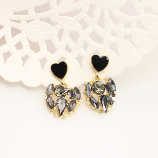 Aretes de Corazón y Cristales Negros